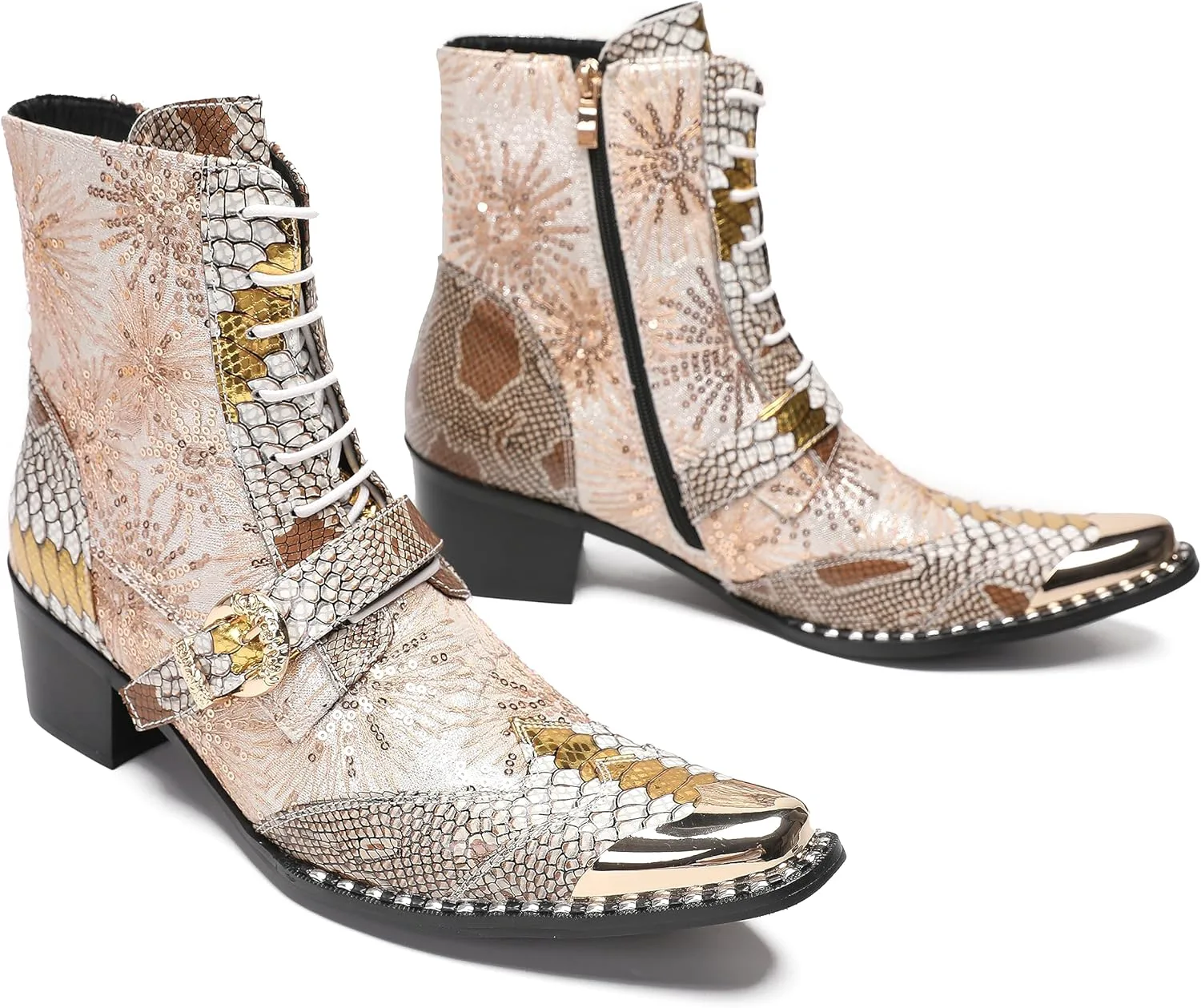 

Мужские повседневные ковбойские ботинки Santimon Mens Dress Casual Western - ботинки средней высоты из натуральной кожи с блестками и металлическим носком в форме крыльев для бальной или диско-вечеринки