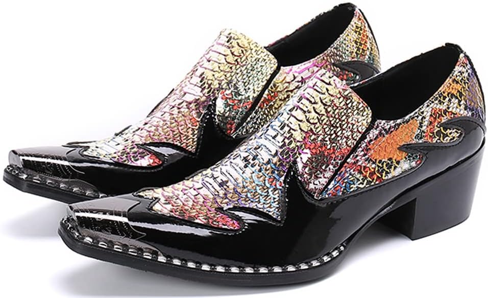 

Мужские туфли-лоферы Santimon с высоким кубинским каблуком, металлическим носком, модной кожей с принтом змеи для бальных танцев, официальных вечеринок и ночных клубов, мультиколор