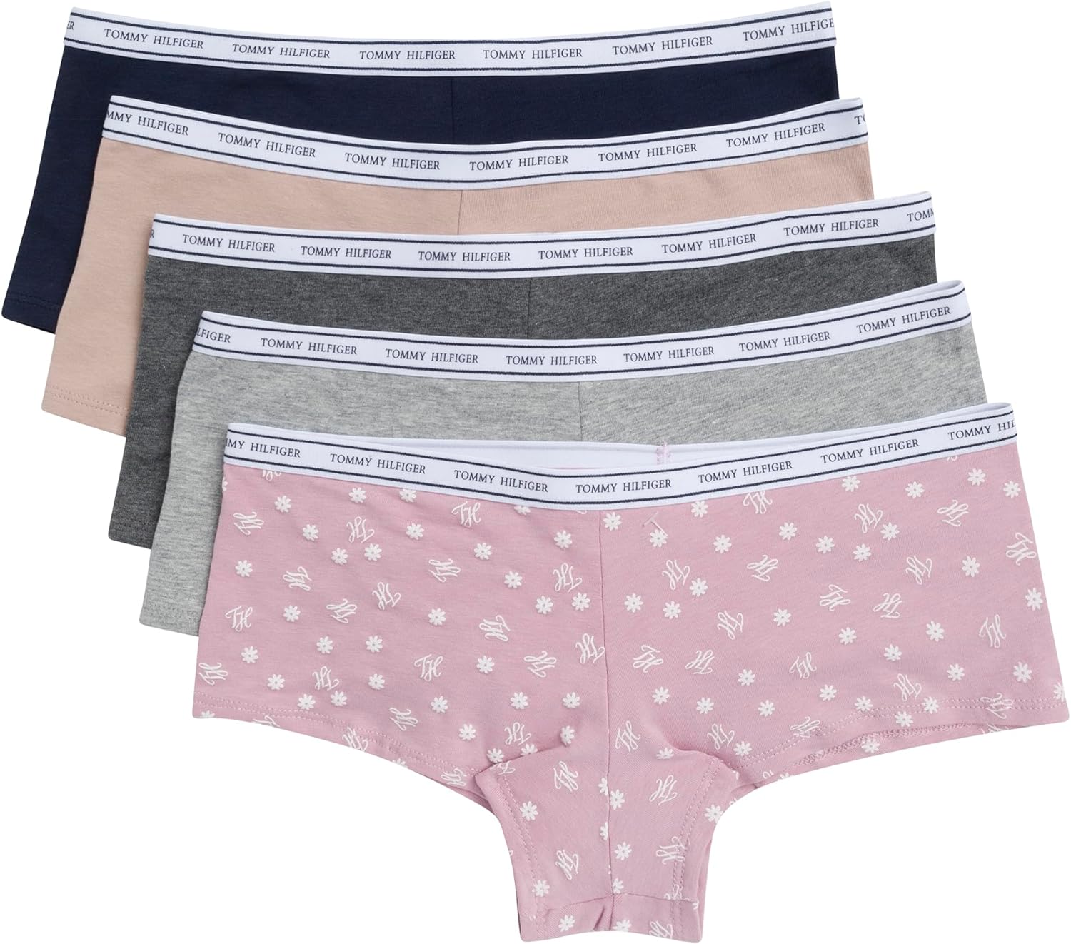 

Женские классические хлопковые трусики-шорты Tommy Hilfiger с логотипом на поясе, упаковка 5 шт., Dainty Th & Daisy Dawn Pink/Heather Grey/Sky Captain/Balanced Beige/Charcoal Heather Grey