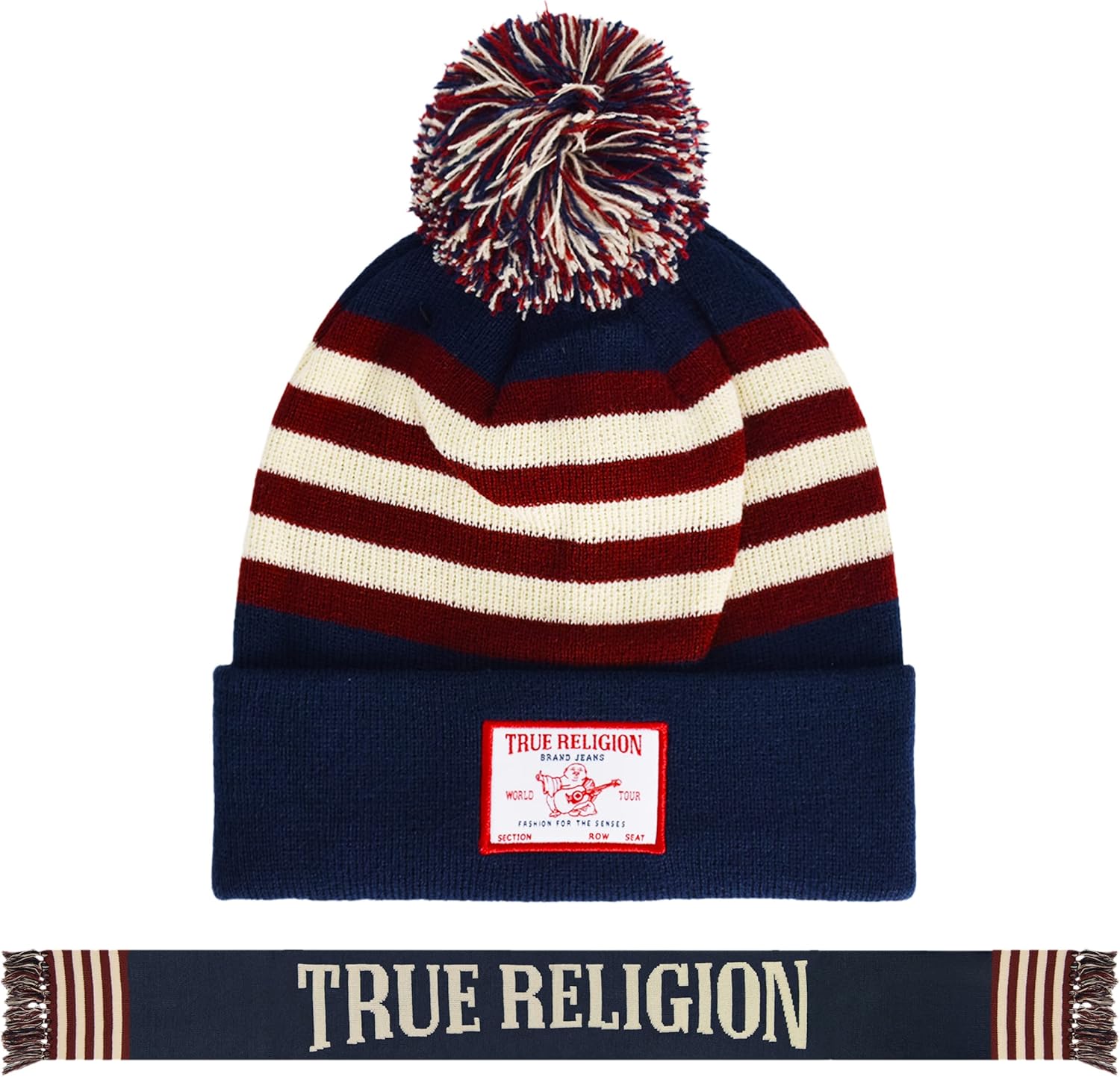 

Женский комплект из шапки и шарфа True Religion, зимняя вязаная шапка с манжетами, помпоном и шарфом в стиле стадиона, Navy