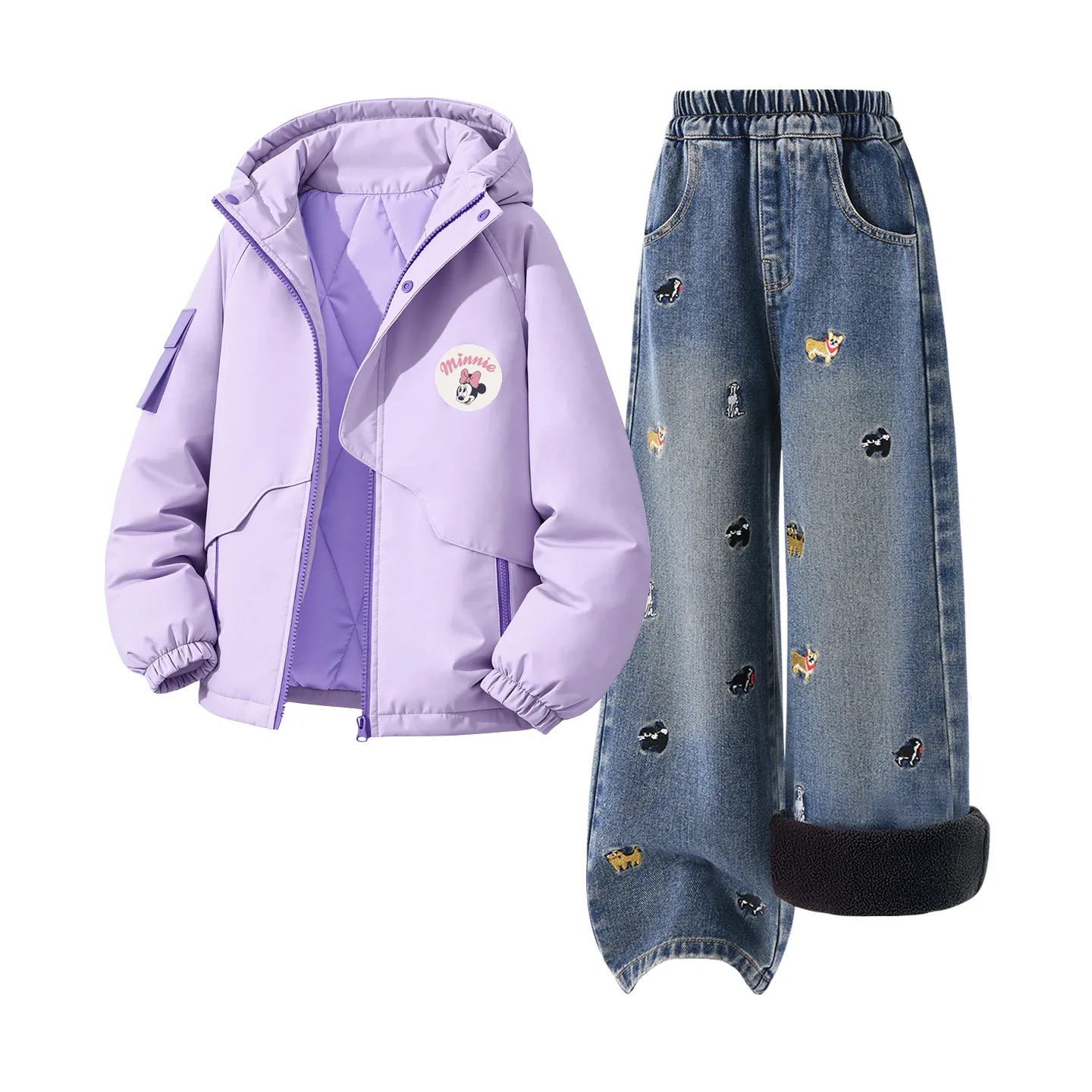 Детская повседневная худи с капюшоном Disney, [Thickened and Fleece-Lined]Dini Round Hook-and-Loop K Soft Purple+Solid Color Denim Blue