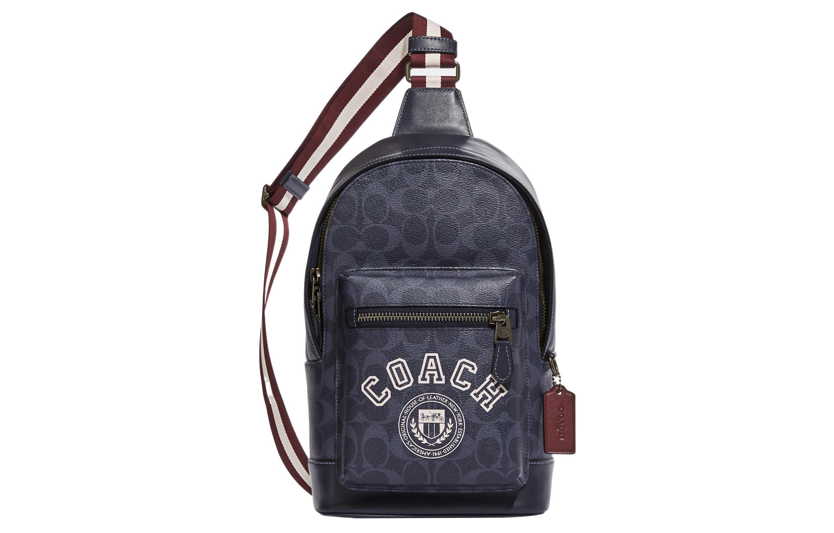 

COACH Сумка West Coated Canvas с телячьей кожей, сумка через плечо, сумка-слинг Trumpets, мужская джинсовая и мелово-белая