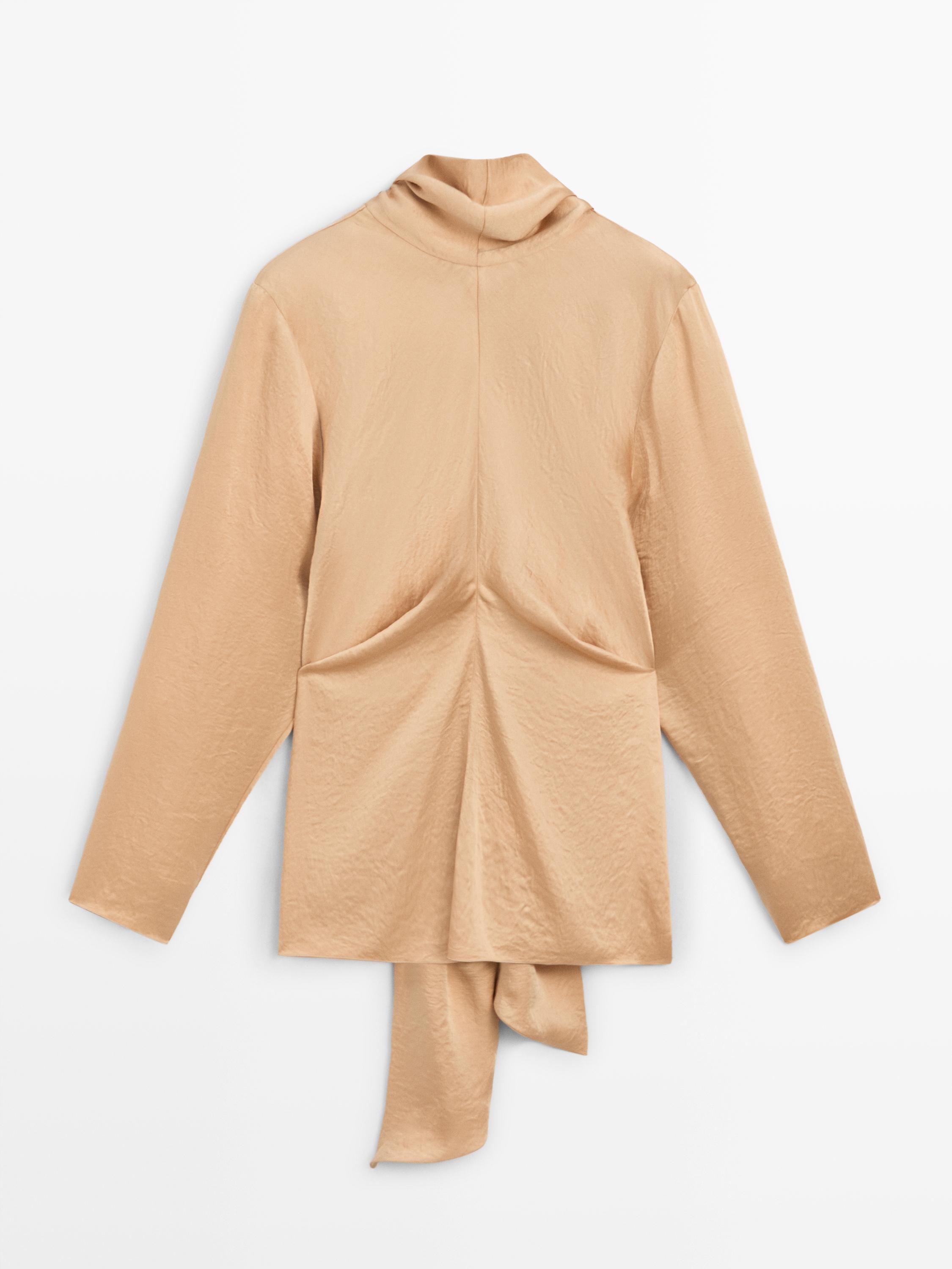 Летящая атласная блуза с завязками - Studio Massimo Dutti, beige — фото 2