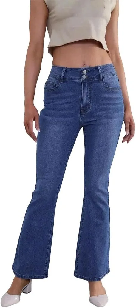 Generic Женские синие расклешенные джинсы Stretchy Slim Fit с двойной пуговицей и несколькими карманами