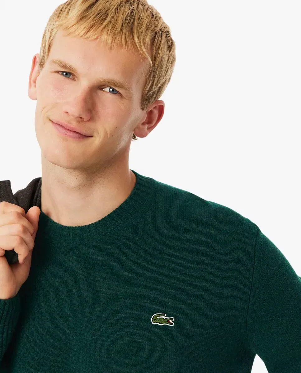 Мужской свитер с круглым вырезом из кардной шерсти Lacoste, зеленый — фото 3