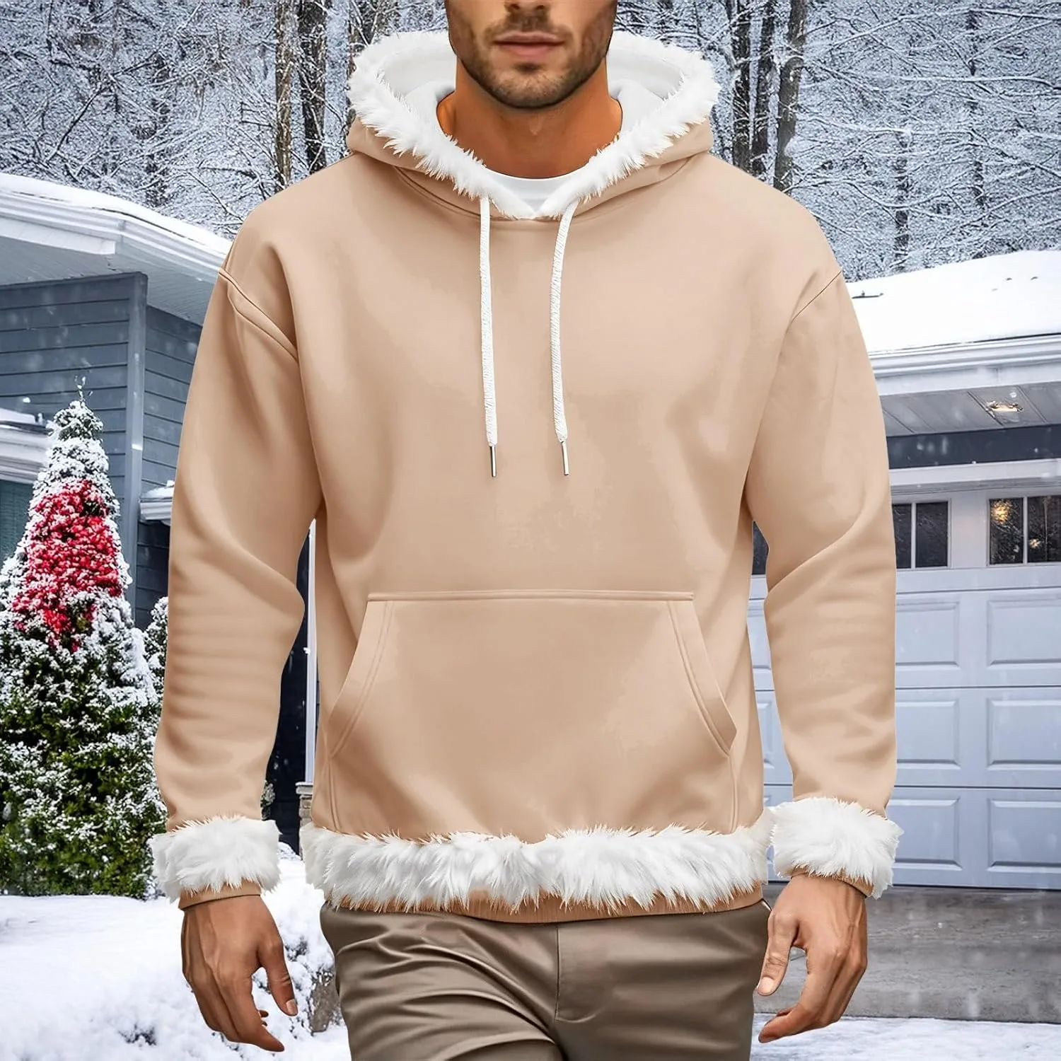 Женская и мужская худи Unisex с белым искусственным мехом и карманом — фото 4