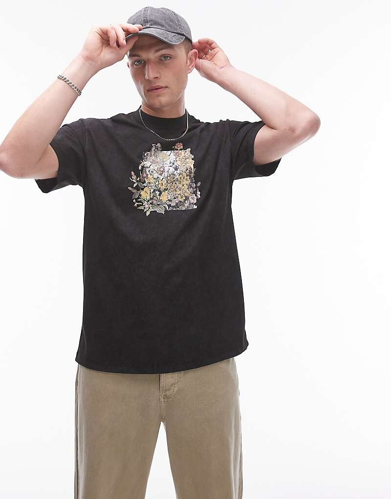 

Черная футболка оверсайз Topman с цветочным принтом и рок-принтом Topman