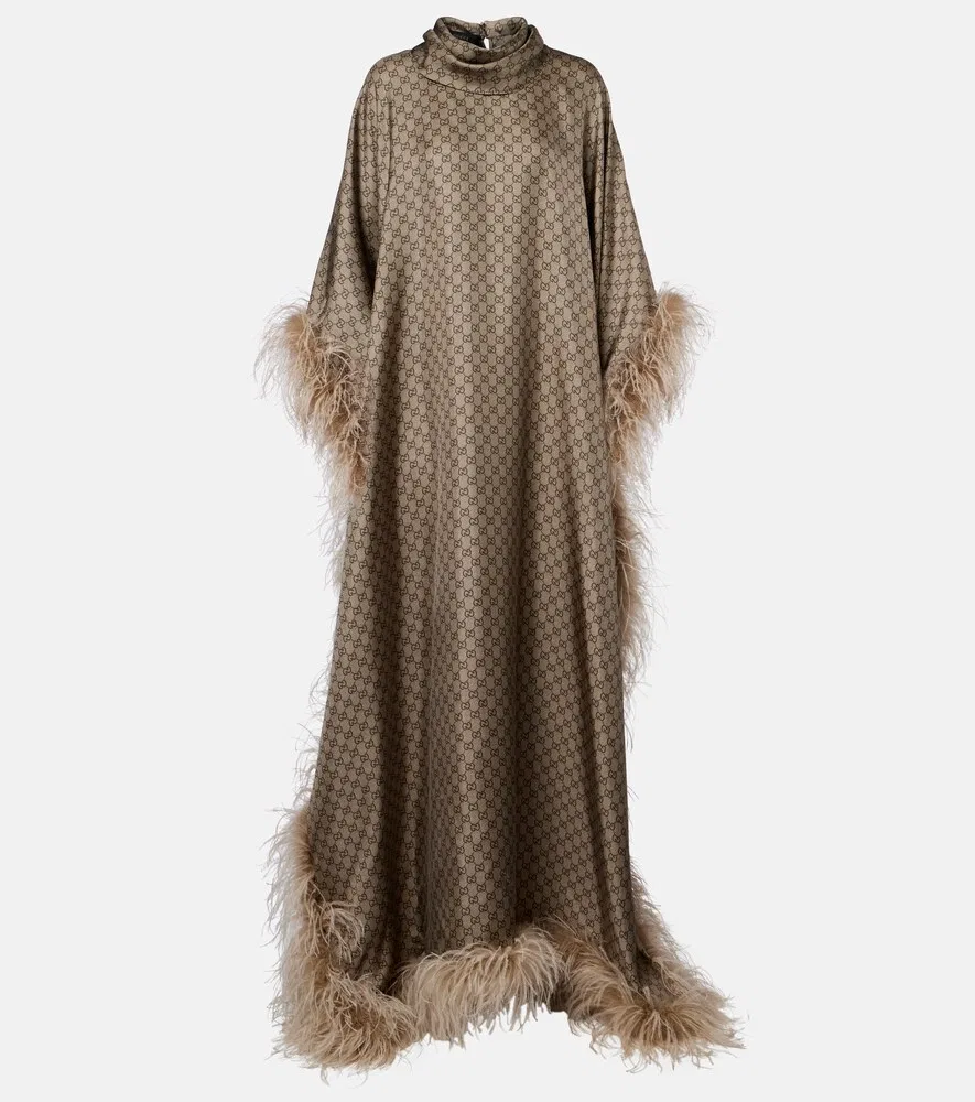 Кафтан Gucci GG с перьевой отделкой, бежевый