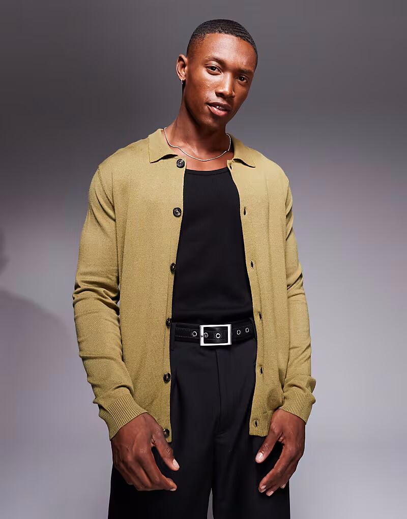 

Трикотажное поло с длинными рукавами на пуговицах от ASOS DESIGN цвета хаки