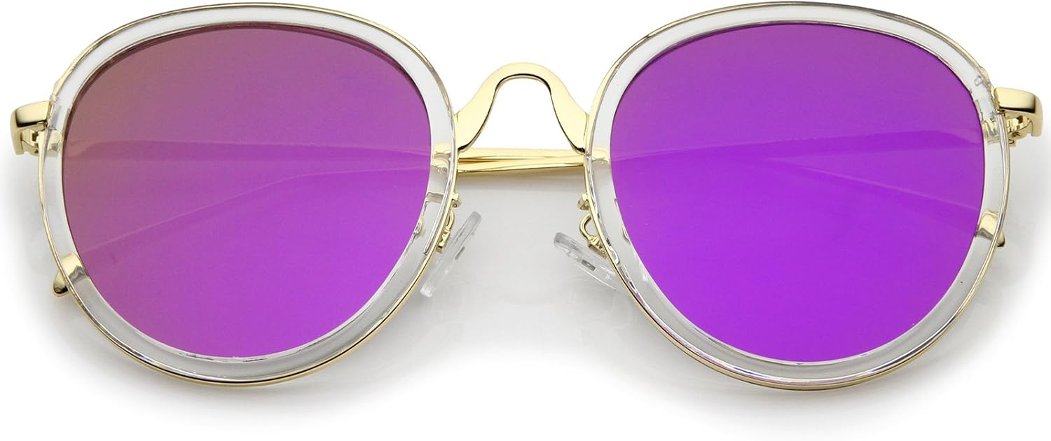 

Солнцезащитные очки zeroUV в современном стиле с изогнутой переносицей, тонкими дужками, цветными зеркальными плоскими линзами и круглым оправой, диаметр 52 мм, Clear-gold / Purple Mirror