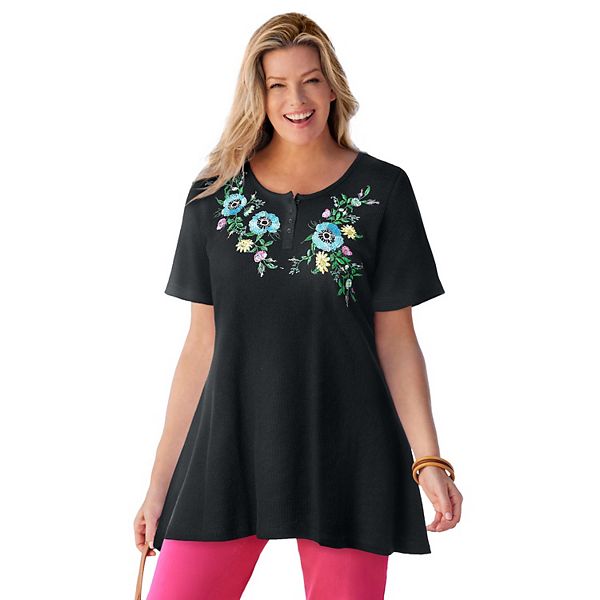 

Термоблузка с вышивкой Plus size Woman Within, Black Blooming