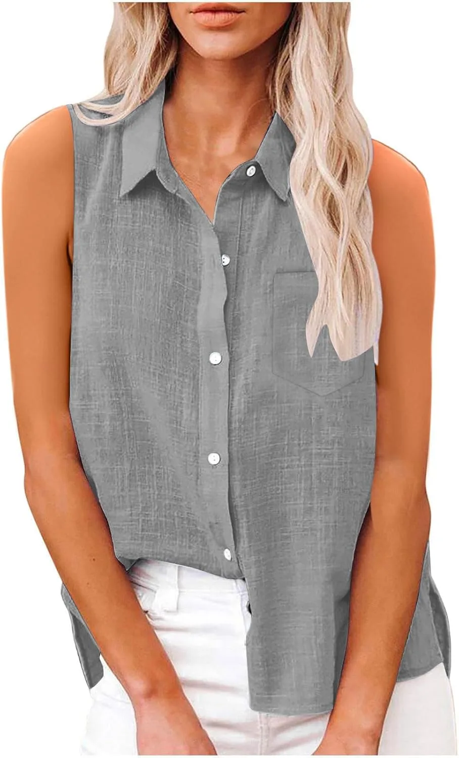 

Женская безрукавка с воротником и карманом