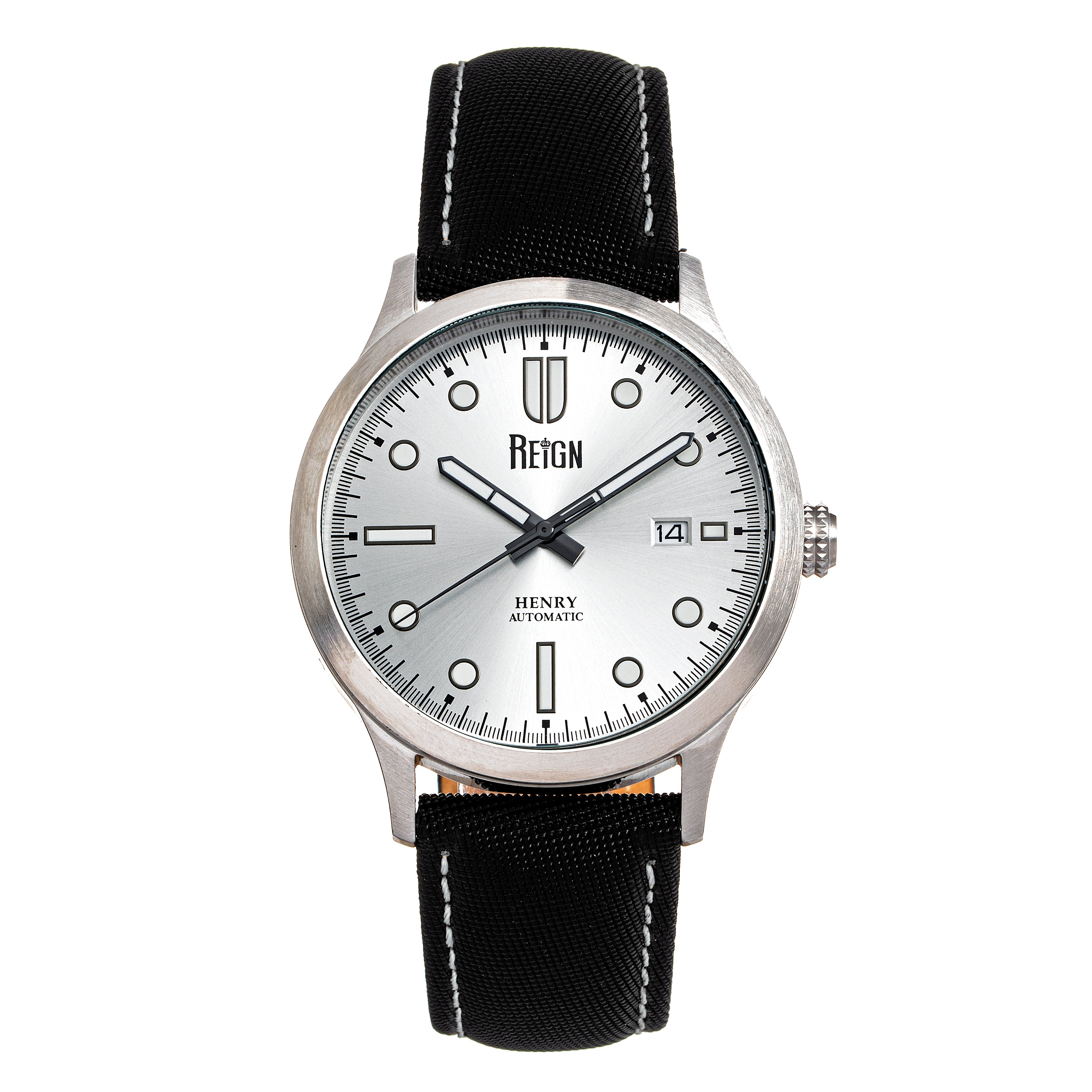

Часы Henry Automatic с кожаным ремешком и накладным ремешком, с указанием даты Reign, серебряный
