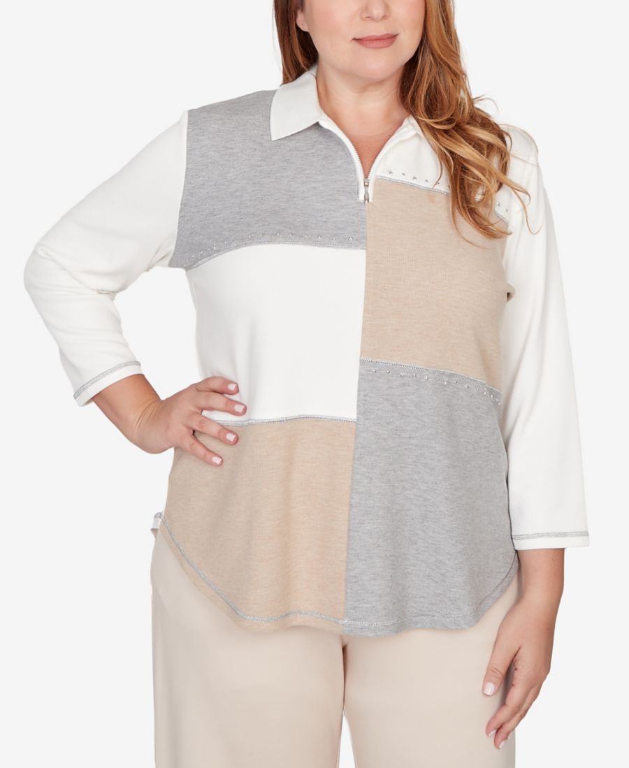 

Топ Comfort & Joy Plus Size с цветовыми блоками и застежкой-молнией до середины груди, в стиле пэчворк Alfred Dunner, Gray Multi