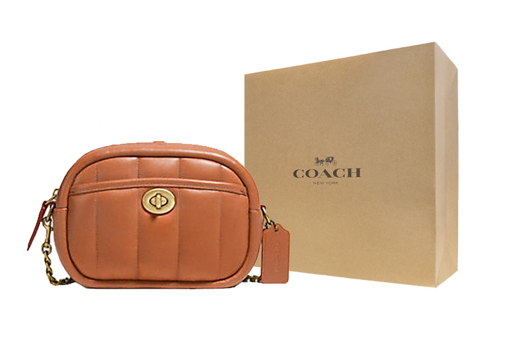 

COACH Кожаная сумка для фотоаппарата маленькая квадратная сумка через плечо на плечо небольшой размер женская карамельно-коричневая