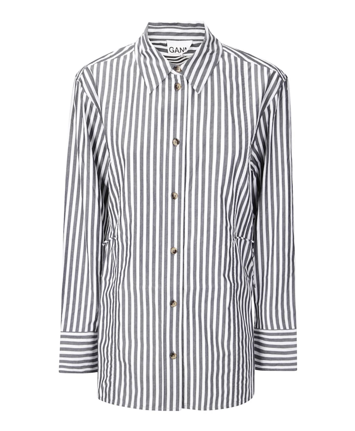 

Свободная полосатая хлопковая рубашка с галстуком Ganni, черный