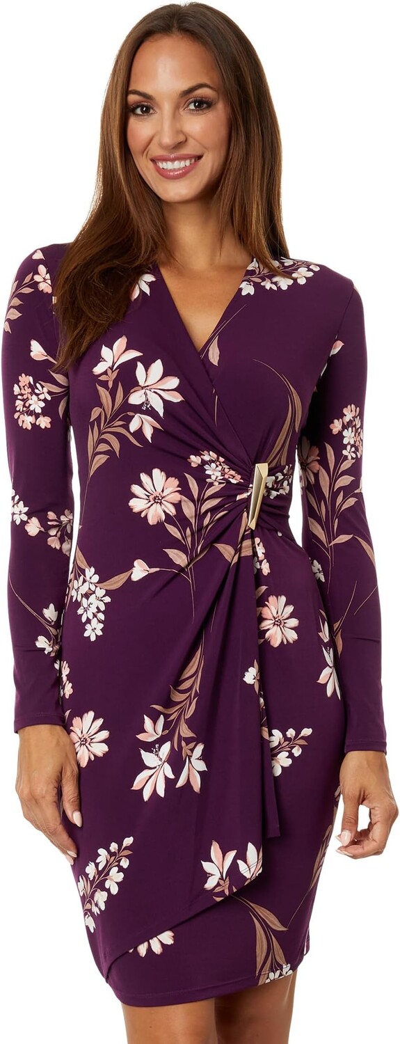 

Платье Calvin Klein Matte Jersey V-Neck Dress with Gold V-Bar and Side Ruching, цвет Aubgne/Multi