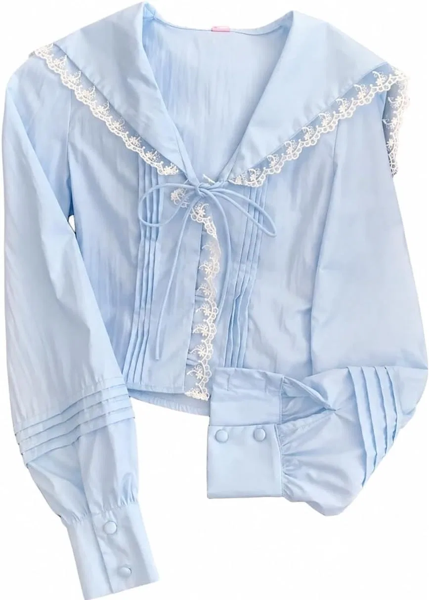 Блуза с sailor collar и кружевом из коллекции, голубой