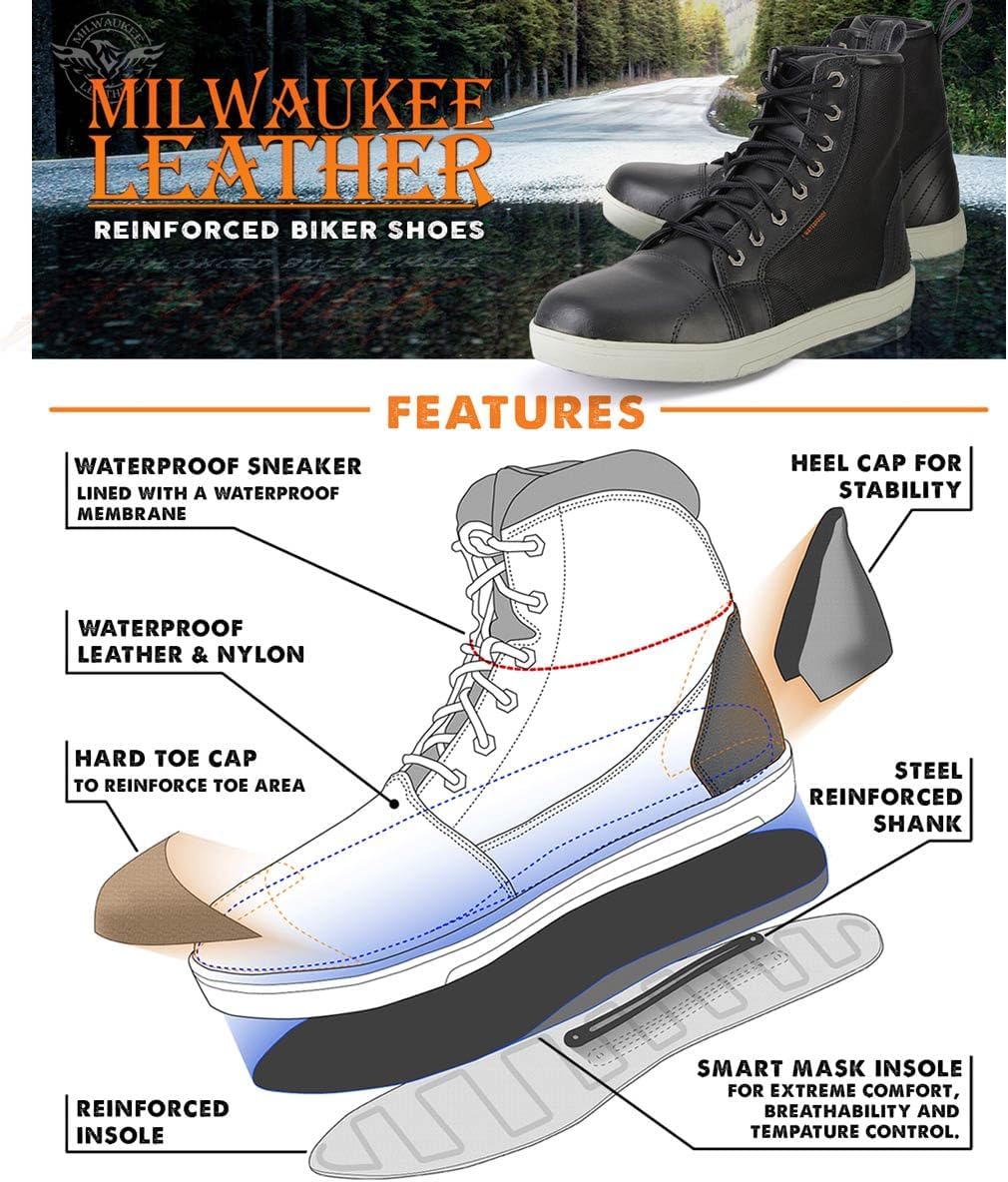 Мужские мотоциклетные водонепроницаемые черные кожаные ботинки Milwaukee Leather MBM9004WP с укрепленной конструкцией для уличной езды и поддержкой голеностопа — фото 2