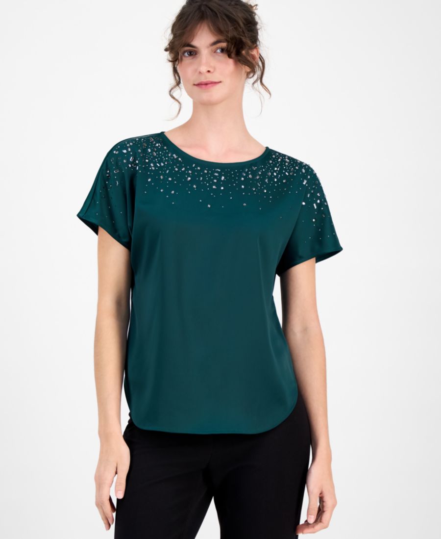 

Женская блузка с короткими рукавами, расшитая бисером, размеры P/XXS-XXL Anne Klein, Pine Forest