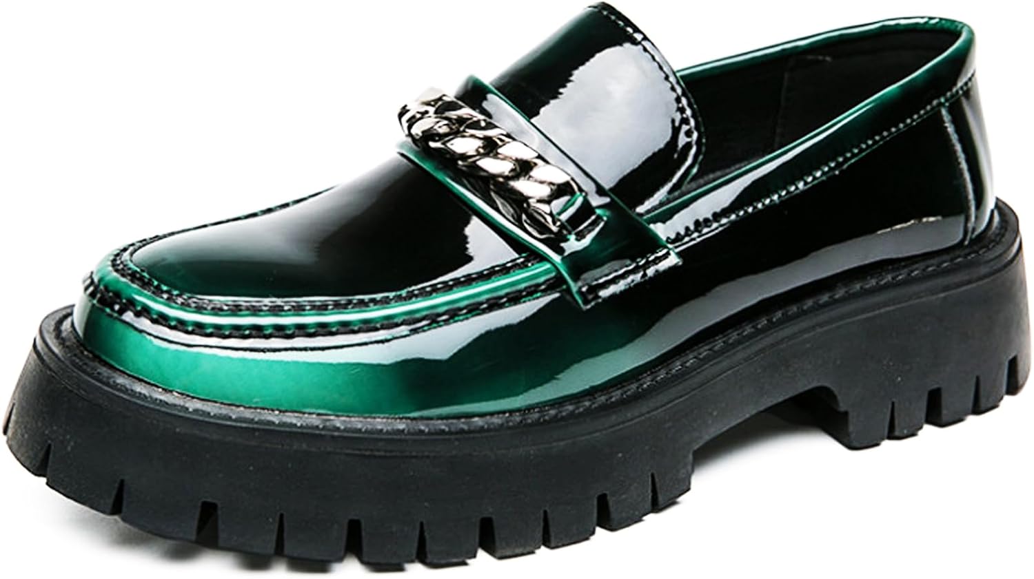 

Мужские стильные лоферы из лакированной кожи с массивным каблуком, туфли смокинг с декором в виде цепочки, подошва с протектором, платформа, нескользящие, удобные, без шнурков, деловые лоферы для офиса Bwseobg, зеленый