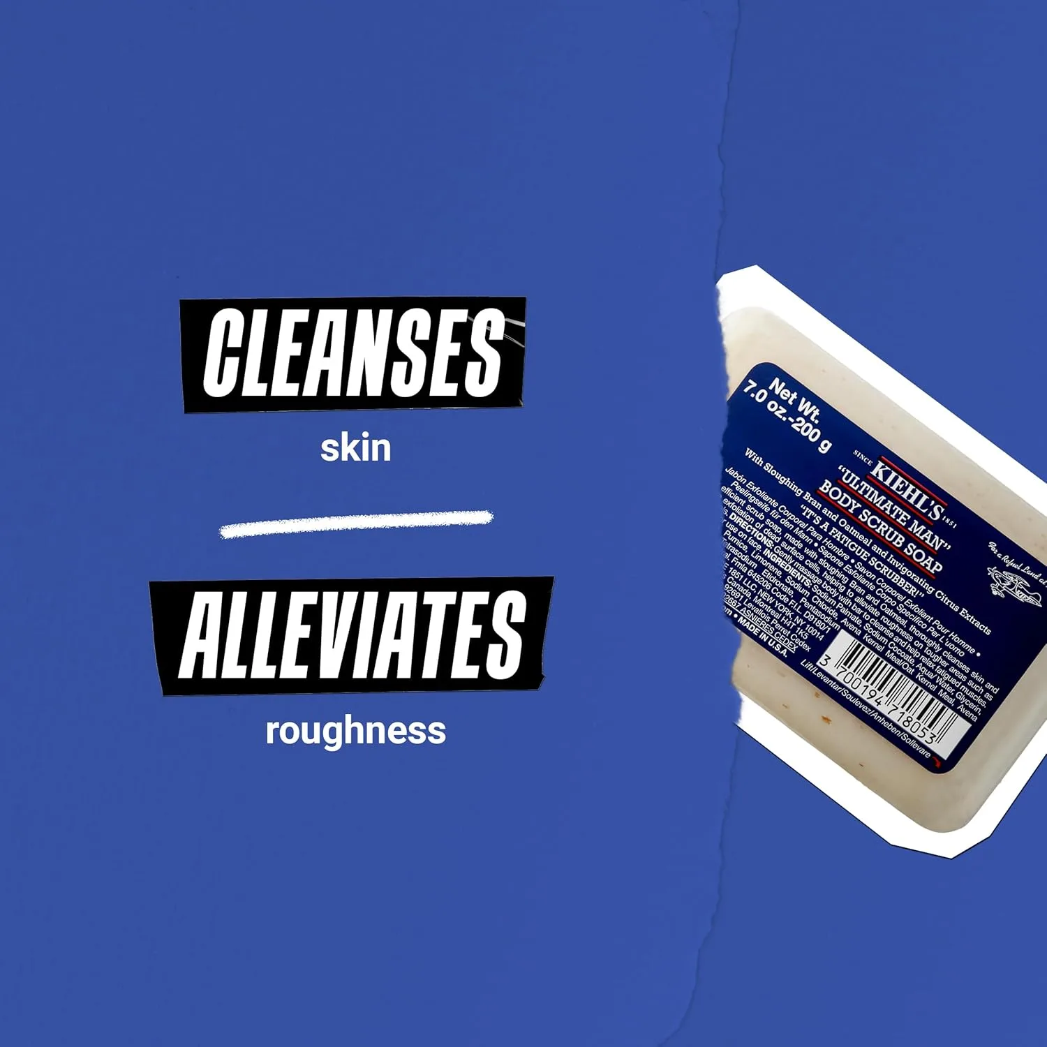 Kiehl's Ultimate Man Body Scrub Exfoliating Bar Soap, скраб-мыло для тела, очищает и отшелушивает, с овсяными отрубями и пемзой, 200 г 198.45 г (1 шт.) — фото 4