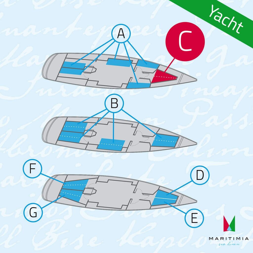 

Яхтенный лист типа C темно-синий для яхт и катеров, носовая каюта-трапеция, двуспальная кровать MARITIMIA
