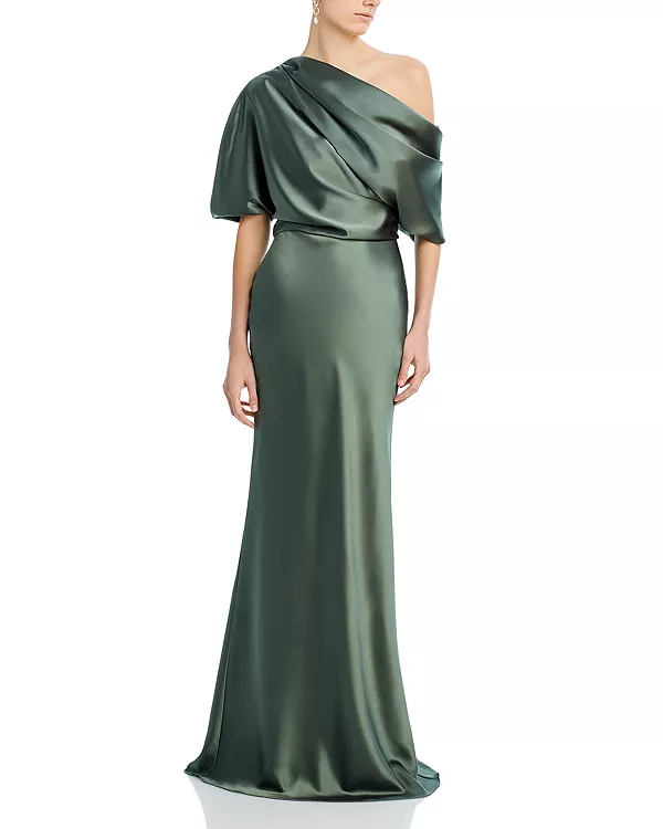 

Платье из драпированного атласа на одно плечо Amsale, зеленый