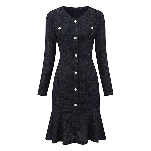 

Женское платье-русалка bodycon с длинным рукавом из твида для коктейля Inspire Chic, Blue Black