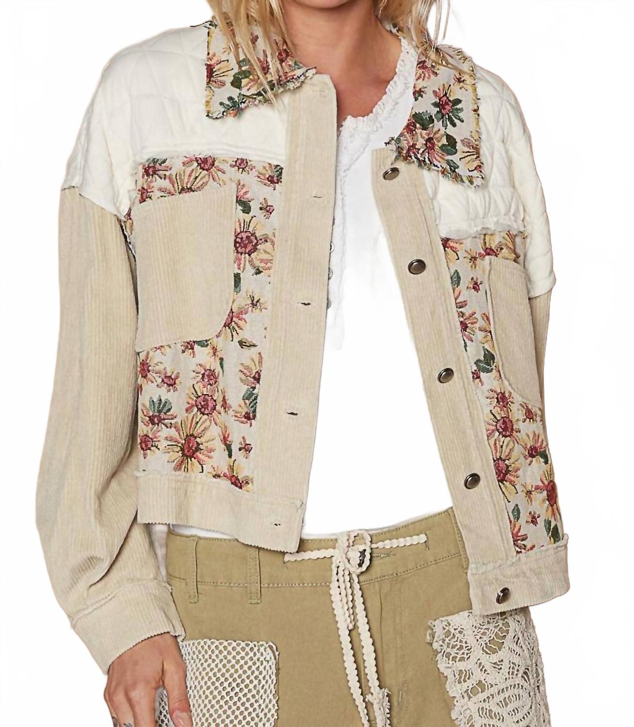 

Контрастная стеганая куртка из жаккардового вельвета в бежевом цвете POL