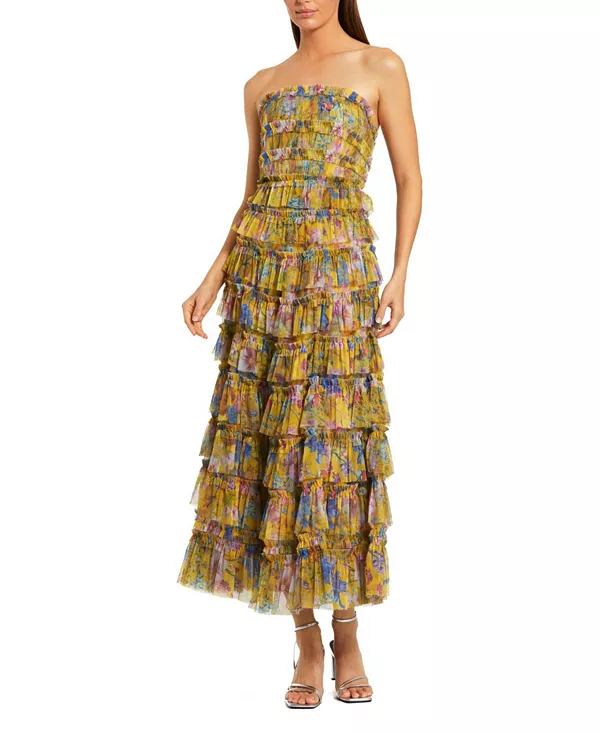 

Платье-Миди без бретелей с оборками и сетчатыми вставками Mac Duggal, мультиколор