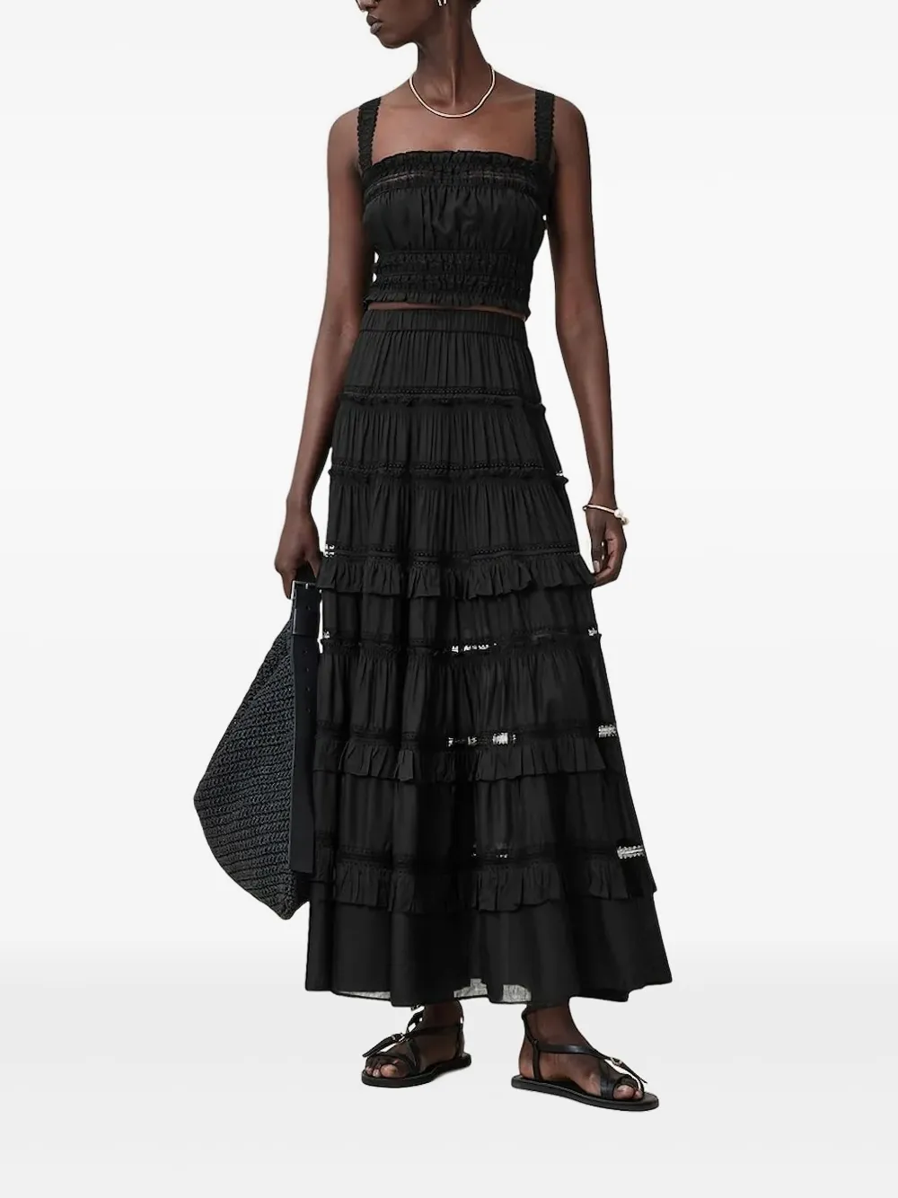 

Топ с кружевной отделкой и сборками AllSaints, черный