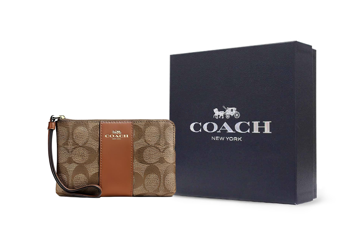 

COACH Угловая молния с покрытием из переработанной кожи клатч мини женский хаки и седло коричневый