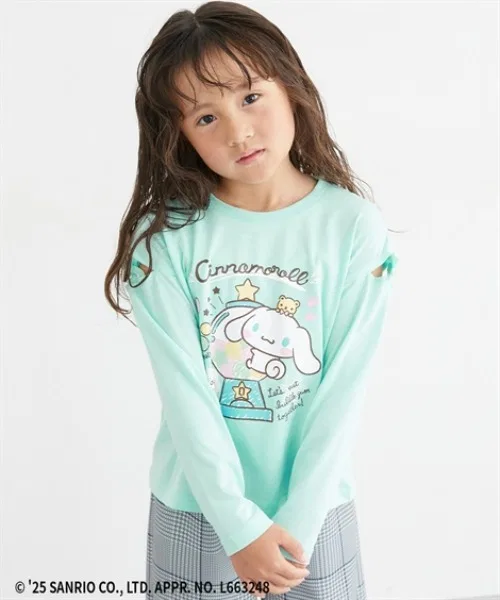 Футболка с длинными рукавами для девочек Sanrio с принтом Kuromi и Cinnamoroll зелёная