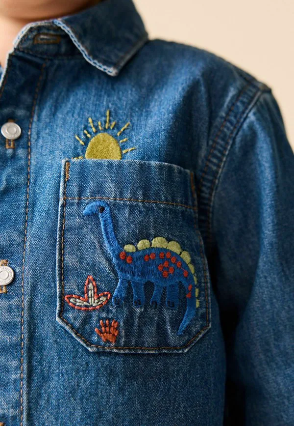 Рубашка с длинным рукавом стандартного кроя Next, Blue Dino Embroidery