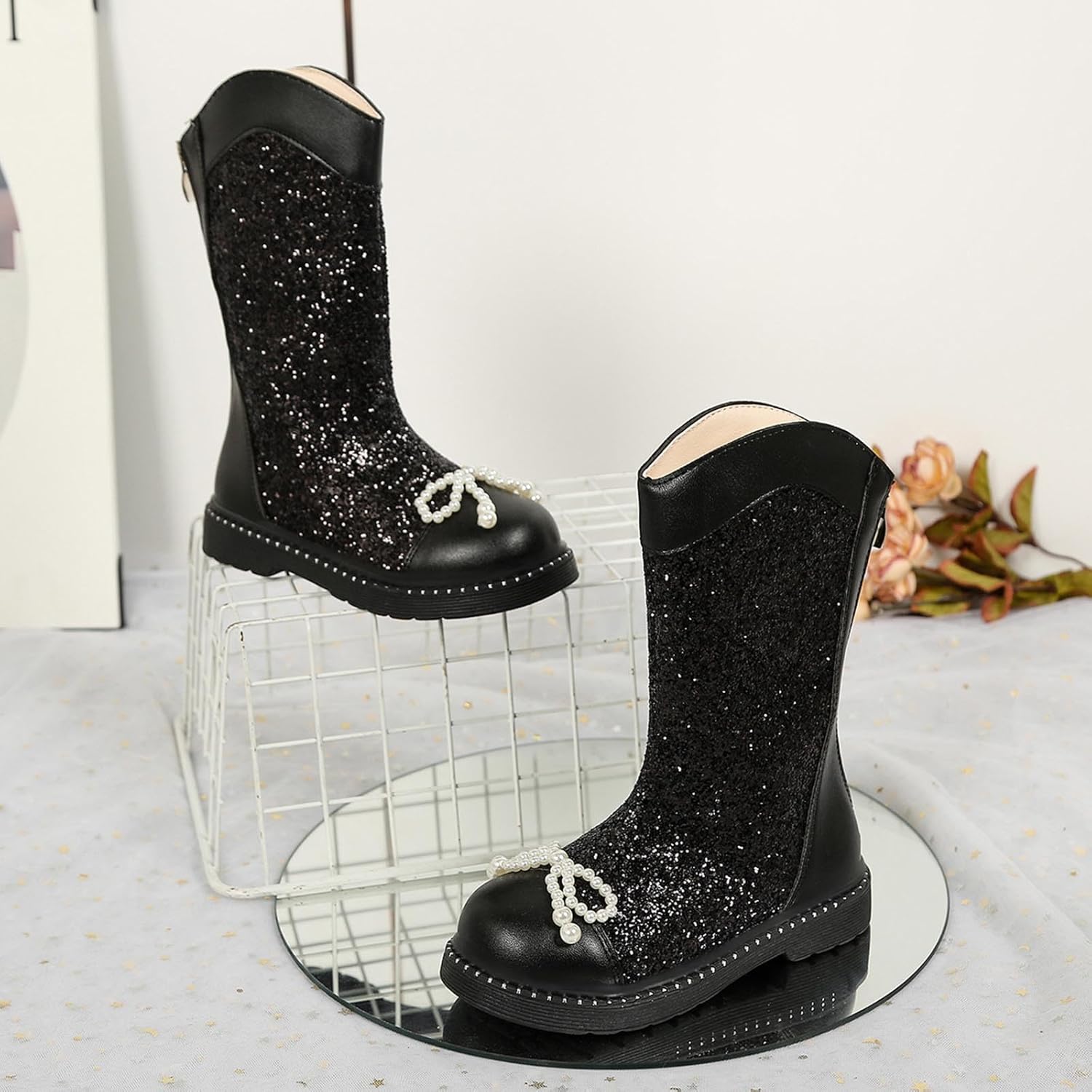 Сапожки Ctreela Sparkle Cowgirl для маленьких и больших детей, ковбойские западные блестящие сапожки для девочек, металлические сапоги средней высоты, черный — фото 4