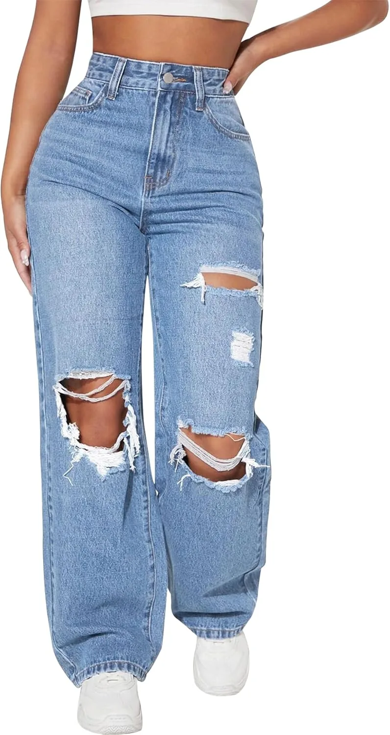 

Женские рваные джинсы distressed high waisted straight wide leg Lymeral