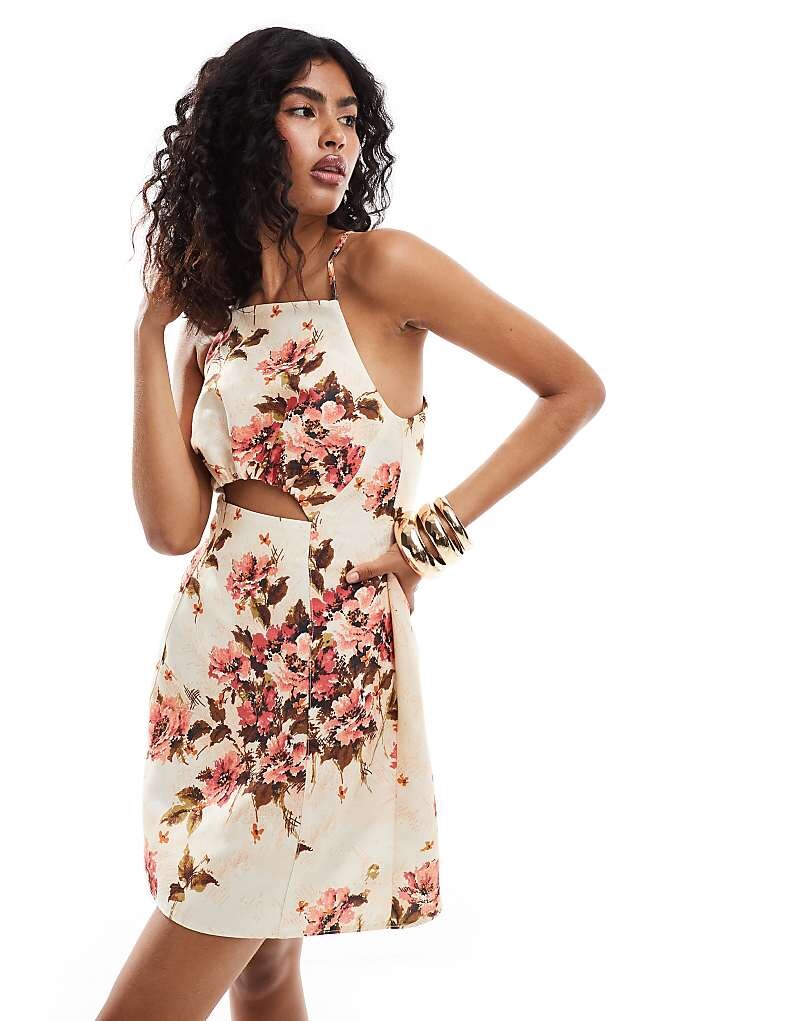

Структурированное мини-платье с квадратным вырезом, перекрещенной спиной и вырезами ASOS DESIGN с абстрактным цветочным принтом