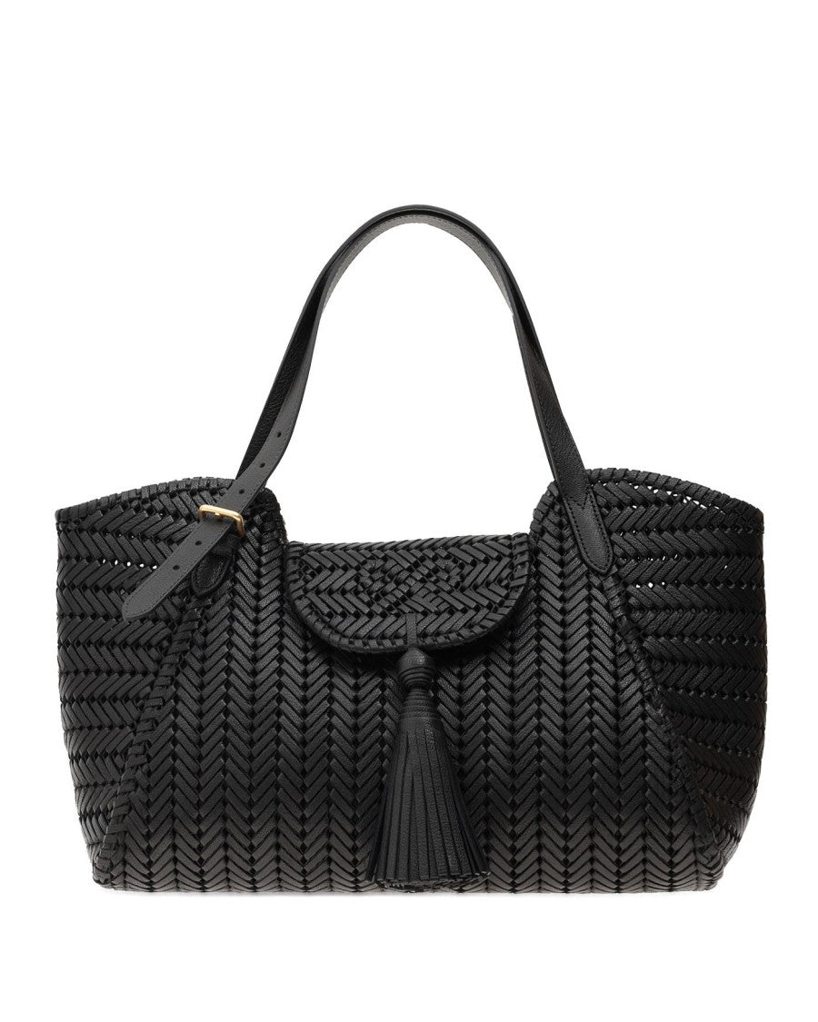 

Черная блестящая кожаная сумка-тоут Capra с кисточкой Neeson Anya Hindmarch