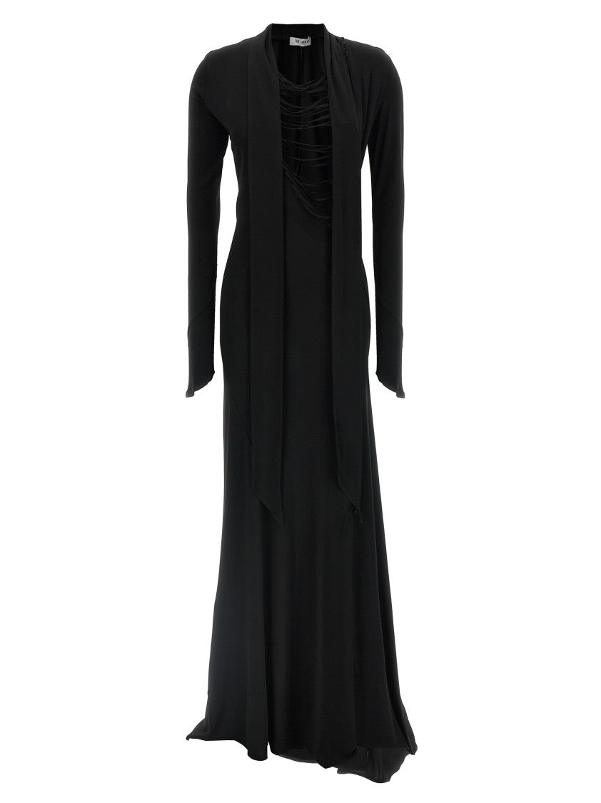

Асимметрированное платье с V-образным вырезом и расклешенным шлейфом The Attico, черный