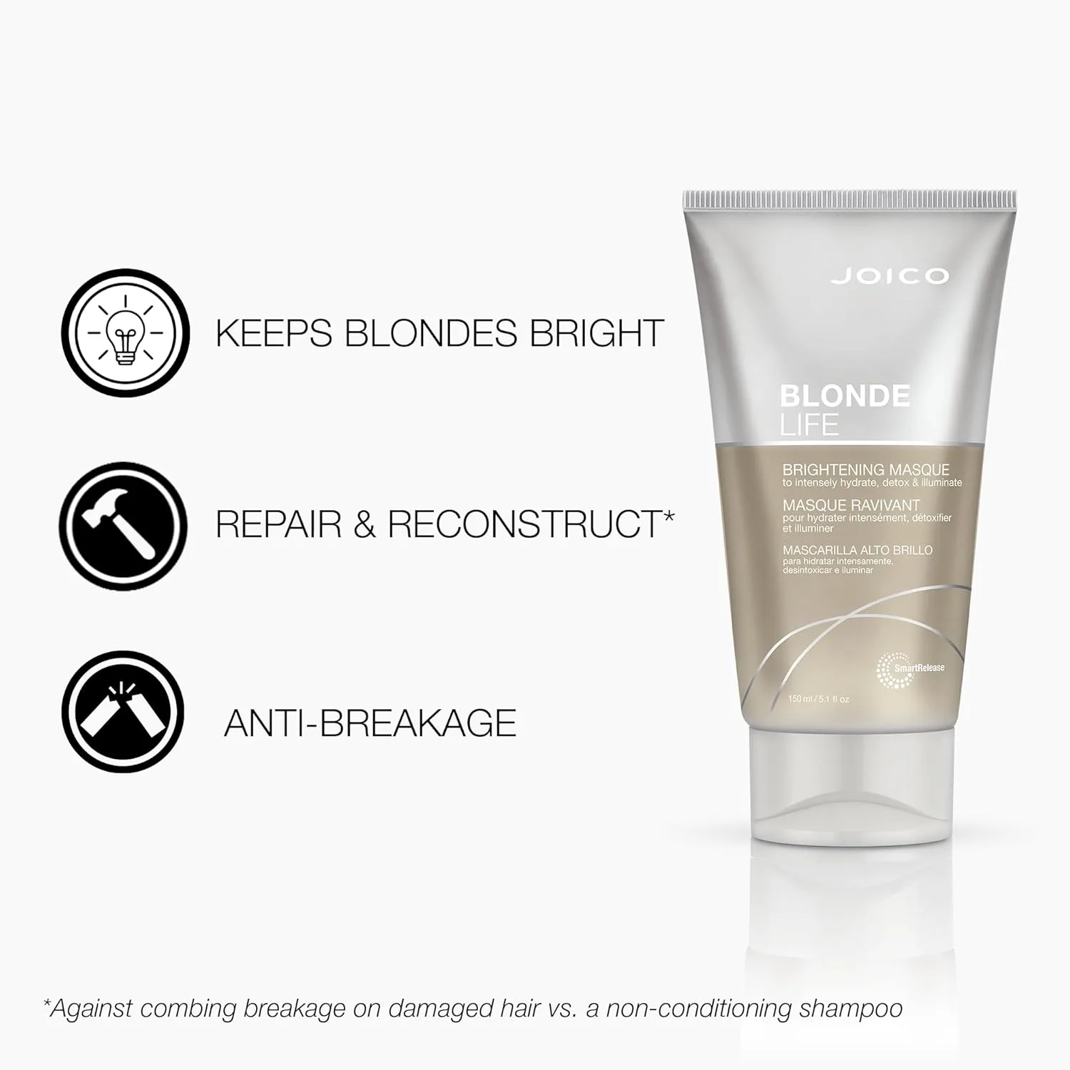 Joico Blonde Life Brightening Masque для блонда, мгновенное увлажнение, нейтрализует хлор и детоксифицирует, придает мягкость и гладкость, без сульфатов, с маслами монои и таману 1 шт. (2 шт.) — фото 3