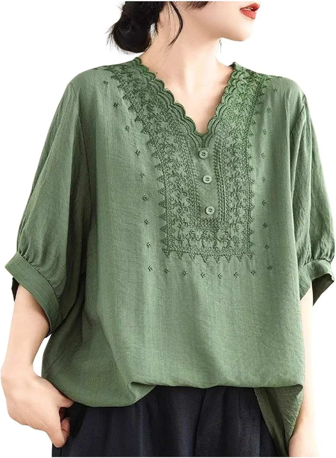 Футболка из хлопка и льна с вышивкой, Oversize, зеленый