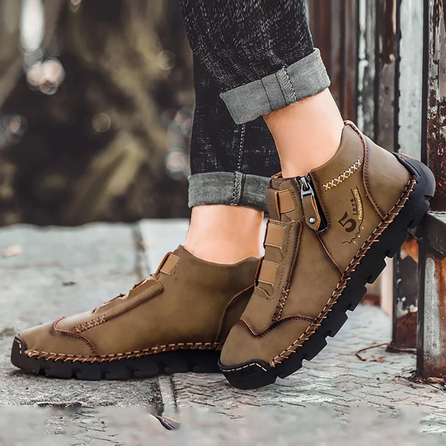 Туфли Shoes Barefoot Shoes Women Men British Large Casual Leather Handmade Foreign Trade Zip Sports Shoes Men Hiking Shoes Size 9 Generic, Khaki — фото 2