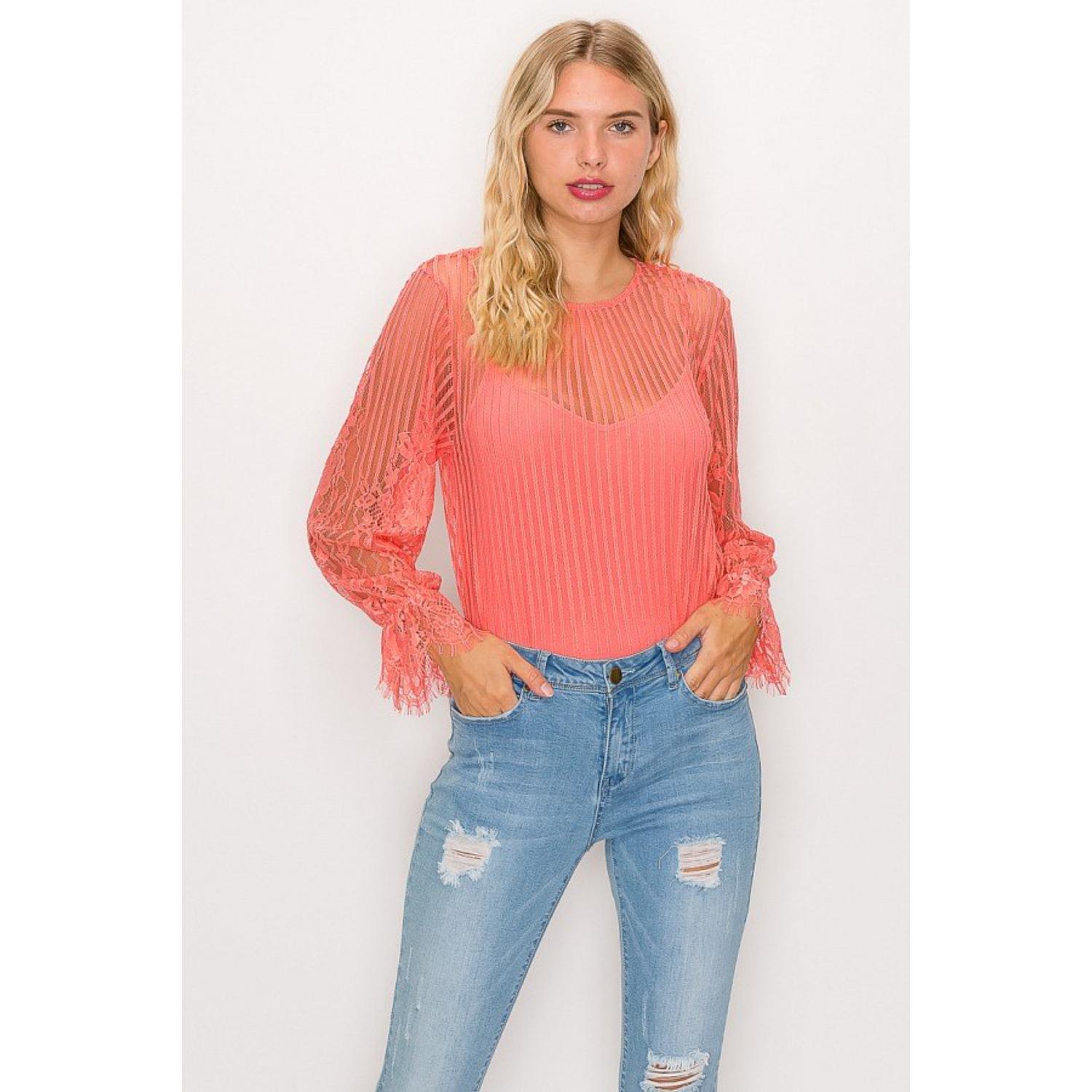 

Боди с кружевной отделкой и полосками Shadow FASHNZFAB, цвет coral