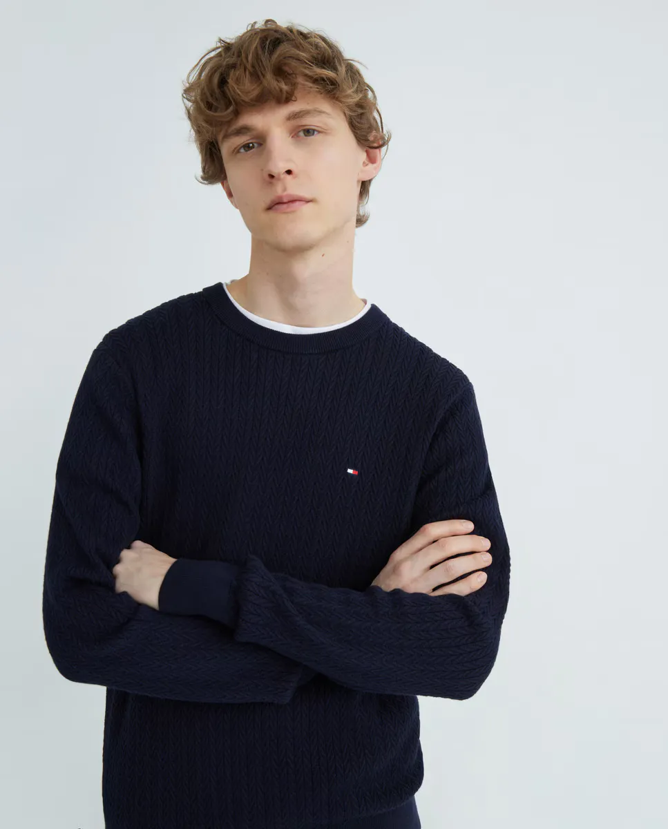

Мужской хлопковый свитер с круглым вырезом и узором «ёлочка» Tommy Hilfiger, тёмно-синий