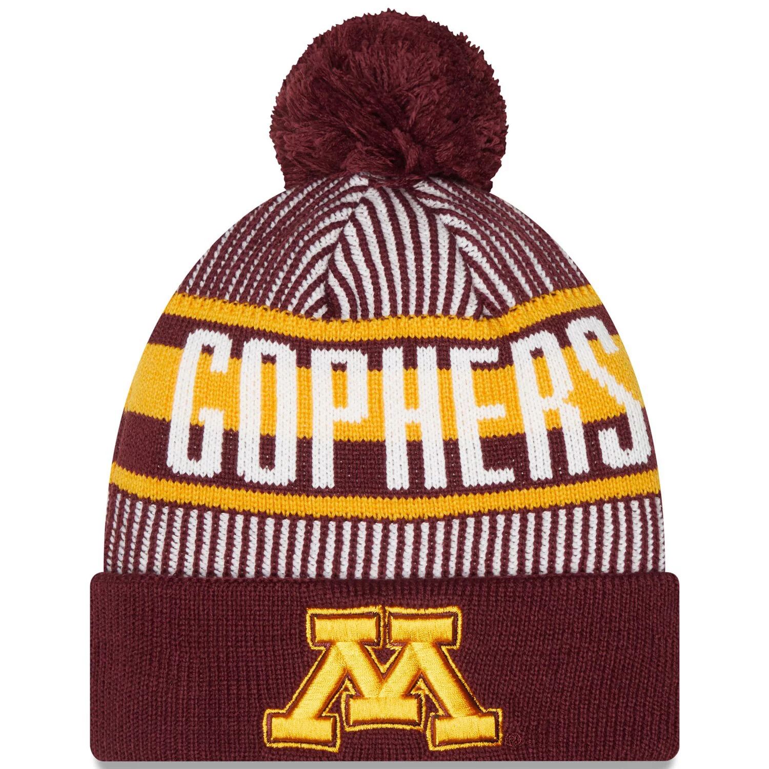 

Мужская вязаная шапка New Era Maroon Minnesota Golden Gophers в полоску с манжетами и помпоном