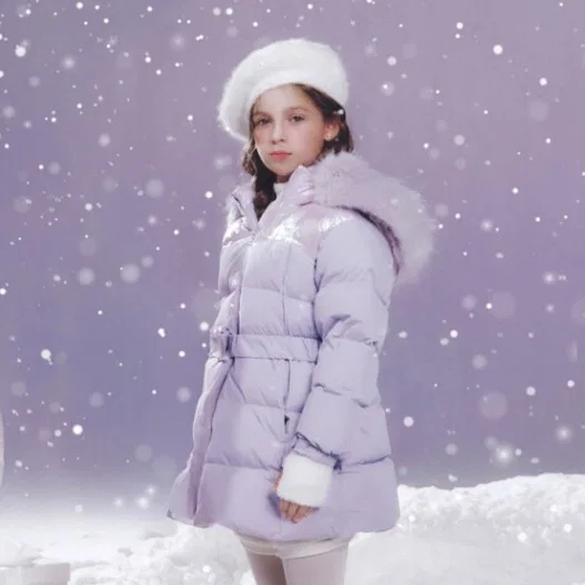 Детский длинный пуховик с поясом глянцевый тёмно-синий от Fila Kids