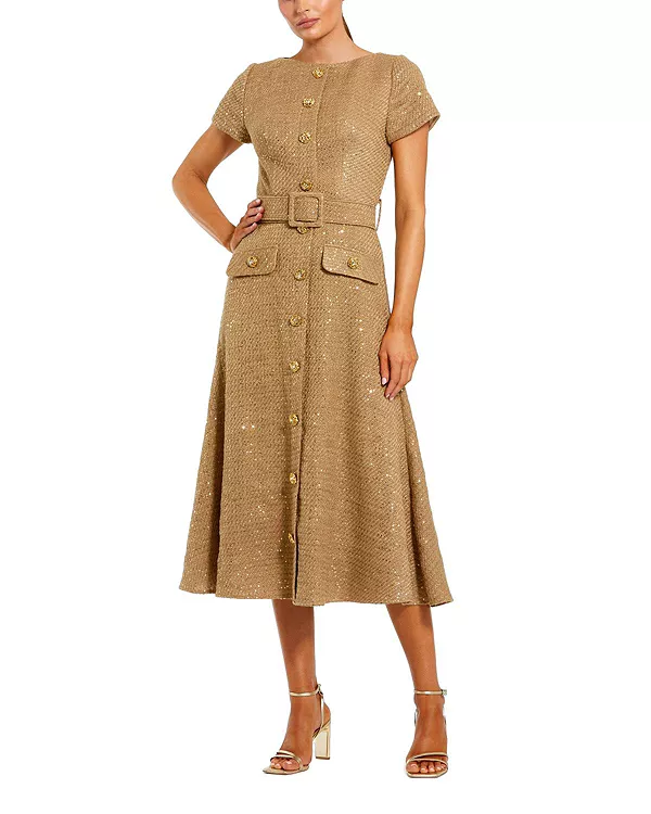 

Платье-Миди с короткими рукавами из букле, высоким воротником и застежкой на пуговицы Mac Duggal, бежевый