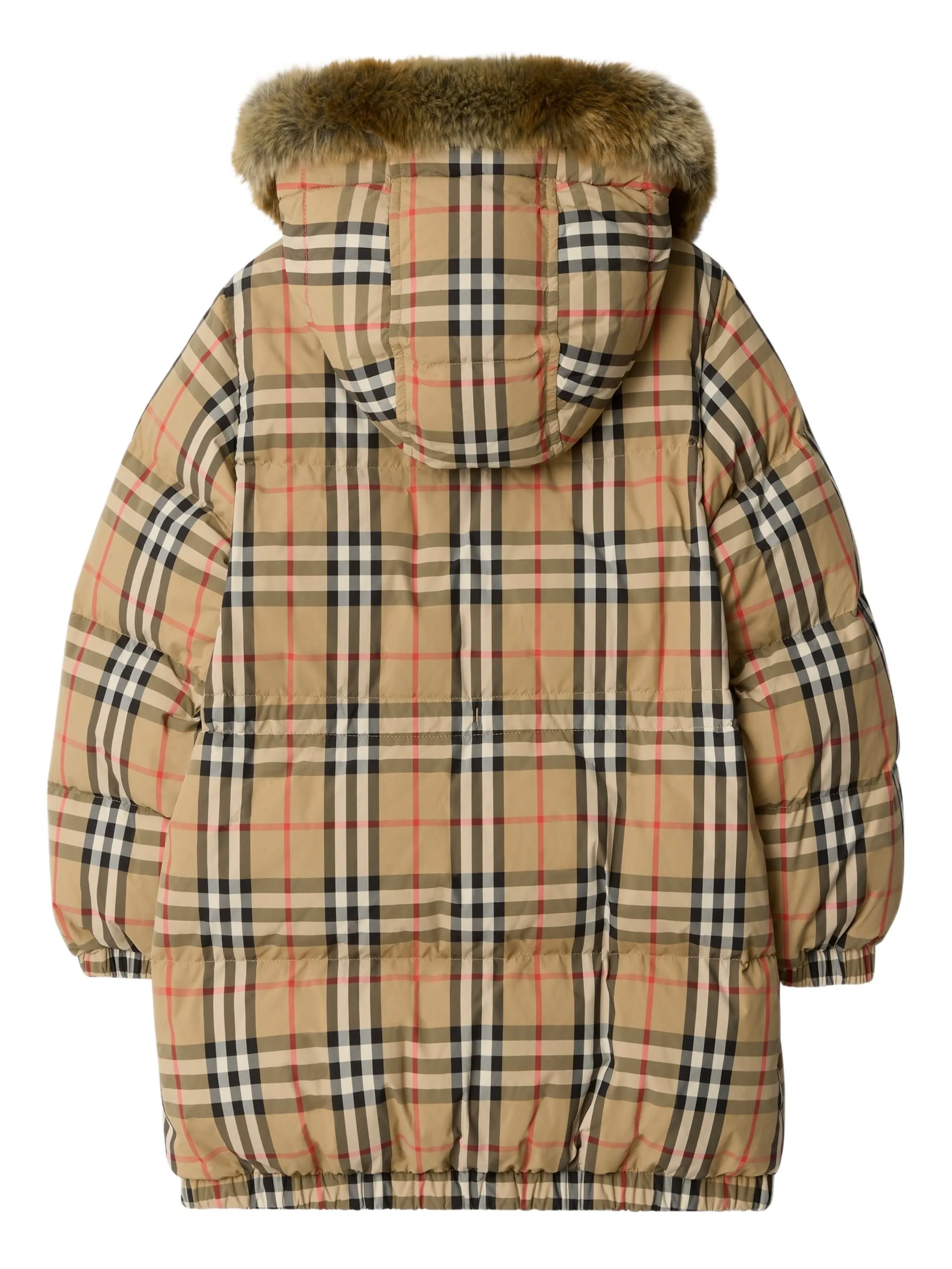 Пуховик в клетку с отделкой из искусственного меха Burberry Kids, бежевый — фото 2