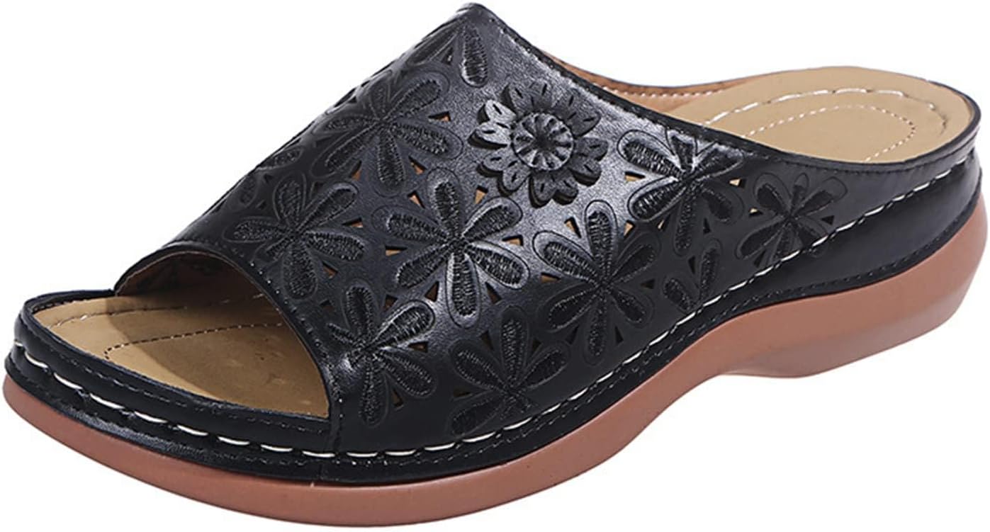 

Женские сандалии на танкетке Ортопедические сандалии для женщин С декоративными вырезами и цветами Дышащая обувь, удобные тапочки для ходьбы Повседневные сандалии с открытым носком, носить целый день с комфортом Generic, черный